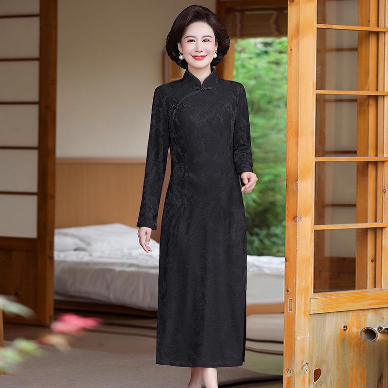 

2026 Spring/Autumn Elegant Mid-length Long Sleeve Dress for Middle-aged Women 4XL чорний