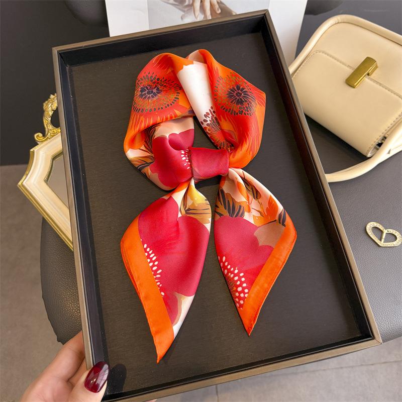 Fashion Floral Print Silk Shawl Square Scarf for Women Soft Satin Neckerchief Female Hair Bands Ribbon Headband Bandana 70X70CM