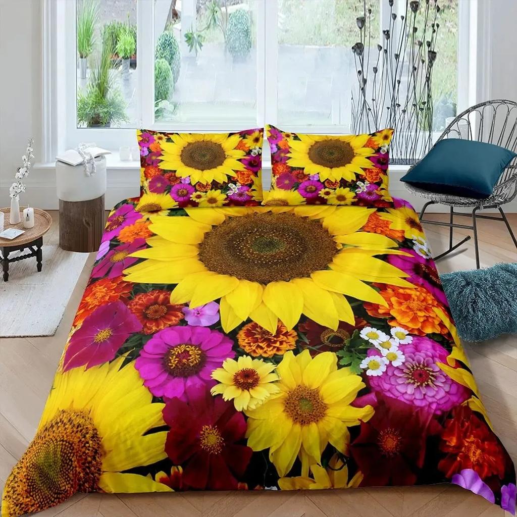 Set Copripiumino Girasoli Girasoli in Fiore Stampa Campo Set Biancheria da Letto per Bambini Moderno Pittura a Olio Copripiumino in Microfibra