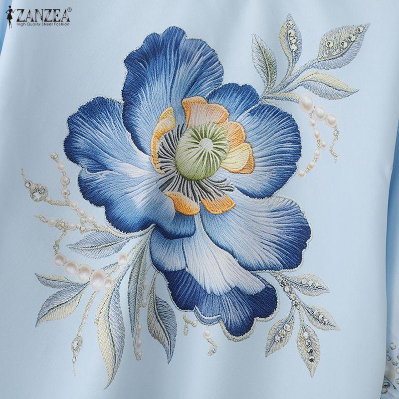 ZANZEA Women Casual Round Neck Floral Print Loose 3/4 Sleeve Blouse
