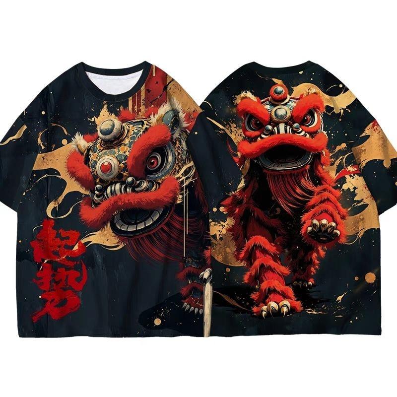 Chinese Lion Dance Lucky Pattern T Shirt For Men Women New Year 3D Printed Tees Casual O-Neck Tops Short Sleeve Loose T-Shirts
