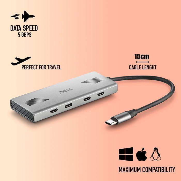 Hub USB-C - NGS - WONDER4-C - 4 ports - 5 Gbps - Aluminium - 180 mm