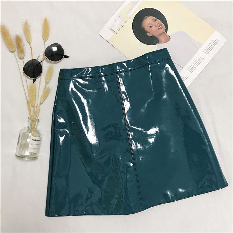 Women's Sexy Leather Skirt Glossy PU Leather Short Solid Zipper Mini Skirt Mid Waist A-line Pencil Skirts