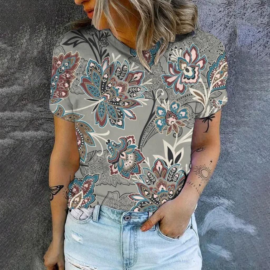 Summer Leisure 3D Print Women's T-shirt Retro Flower Pattern Fashion T-shirt Elegant Women's Short Sleeved