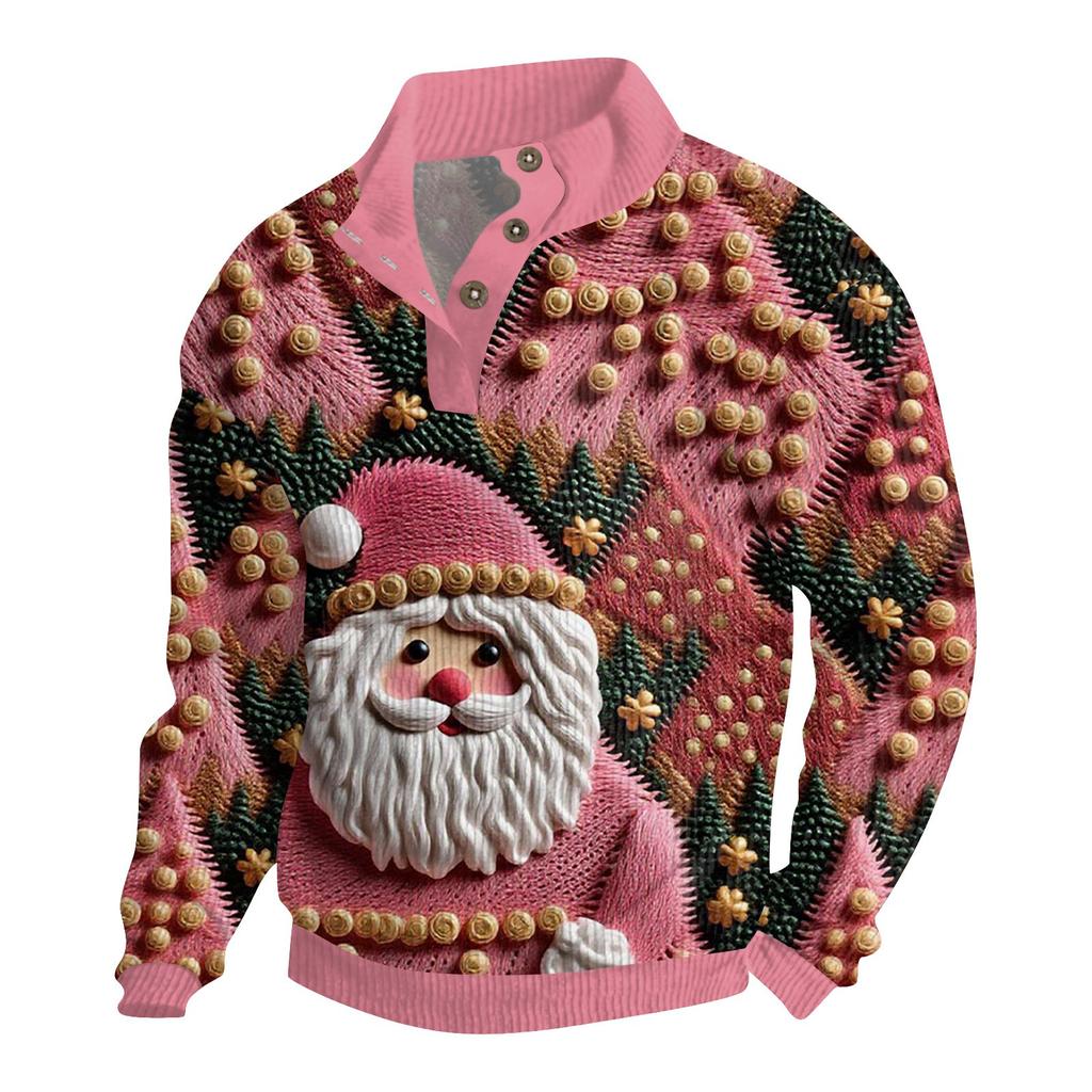 Men's Christmas Cotton Pullover Long Sleeve Outdoor Shirt Vintage Corduroy Button Stand Collar Shirt Casual Sweatshirt Christmas Print Top