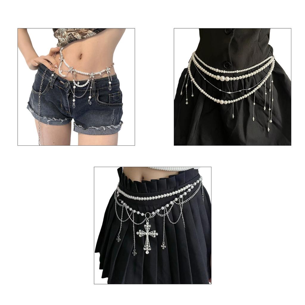 Multi Layered Pearl Tassel Waist Chain Belt for Women Elegant Body Chain with Adjustable Length for Parties and Festivals