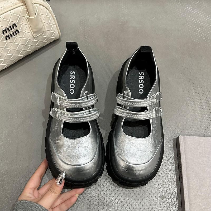 

Mary Jane small leather shoes women s 2025 summer retro British style platform Japanese platform round head French big head shoes 40 серебряный