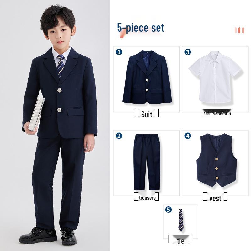 Spring/Summer Kids' British College Style Navy Blue Kindergarten Uniform Set for Performances