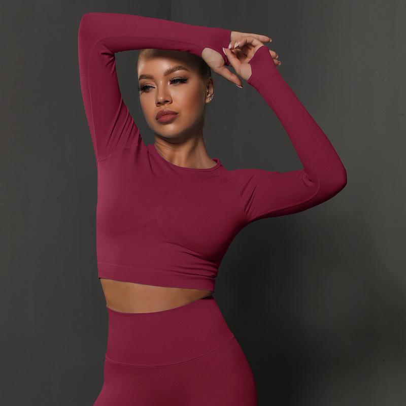 Tight Solid Color Pleated Sports Long-sleeved Tops High Elastic Breathable Running Fitness Yoga Clothes For Women