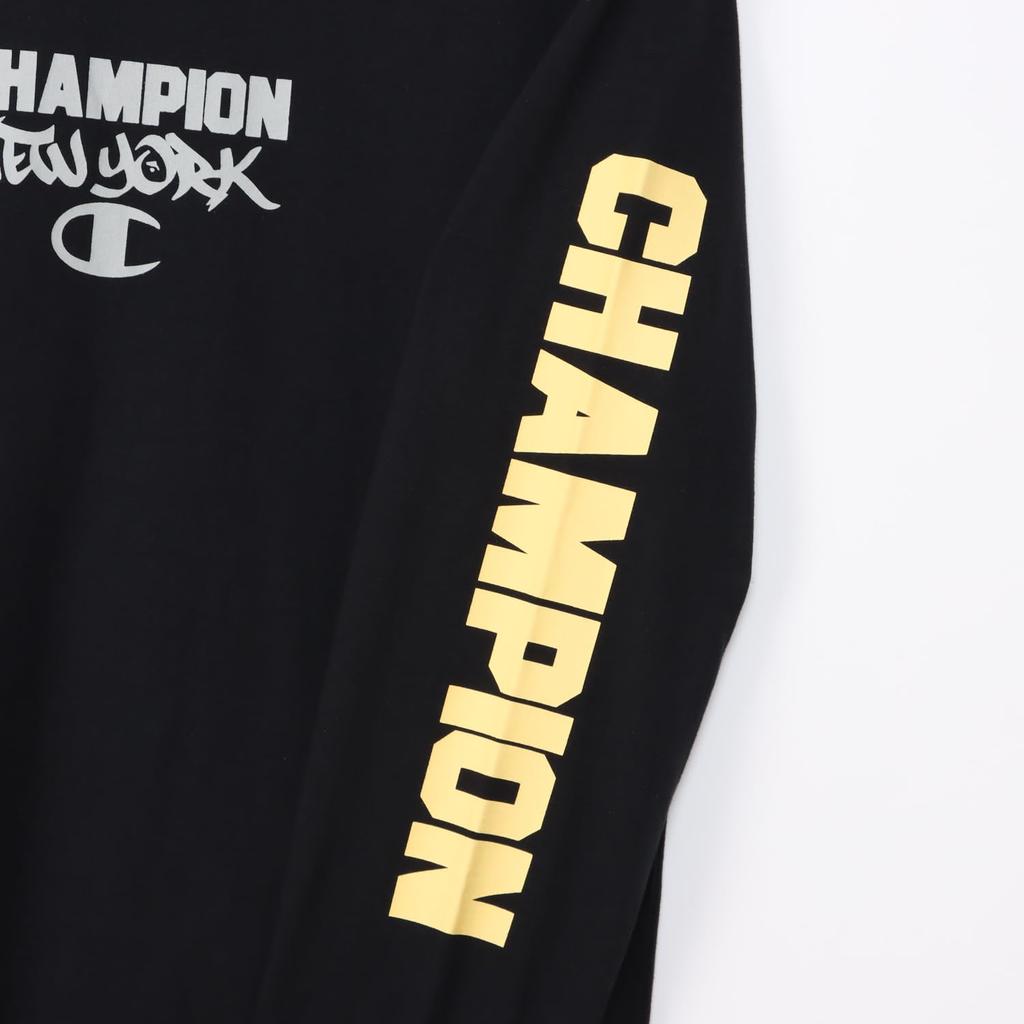 Champion Long Sleeve Crew Graphic Logo Print Men's T-Shirt, Basic, C3-Z411, Black, 100% Cotton, Neck,