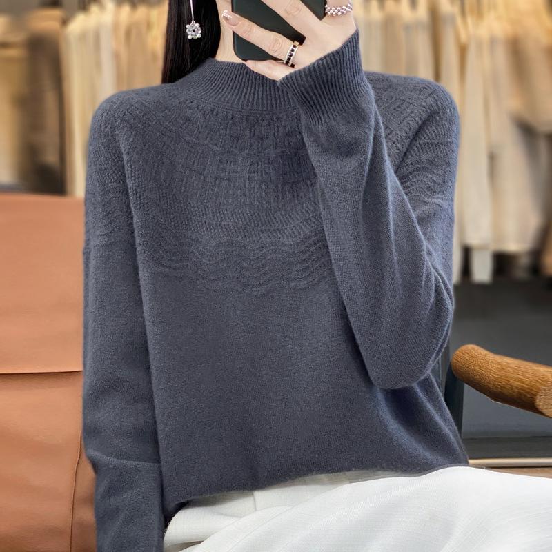 

Осенне-зимний кардиган с полувысоким воротником и розовой нитью для женщин, приятный к коже и теплый вязаный свитер, модная и универсальная базовая рубашка XXL