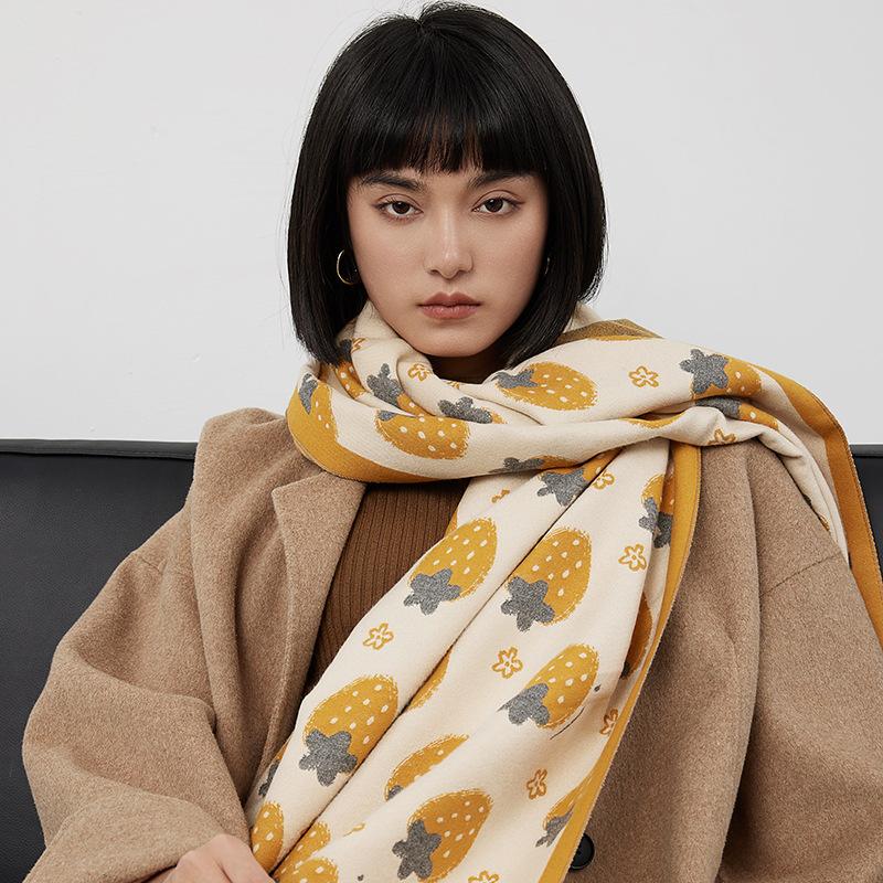 Korean Version Cute Strawberry Imitation Cashmere Scarf Women'S Long Travel Sunscreen Printed Fringed Medium Long Shawl