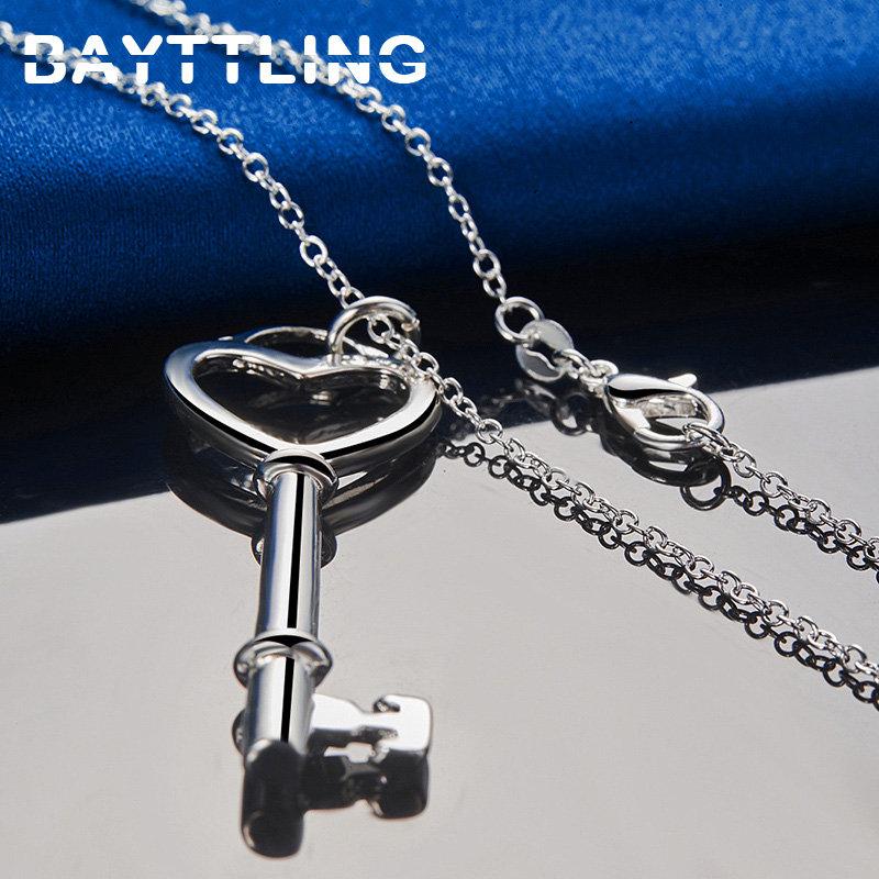 925 Sterling Silver 16-30 Inches Fine Heart Key Pendant Necklace For Women Men Fashion Wedding Engagement Jewelry Accessories