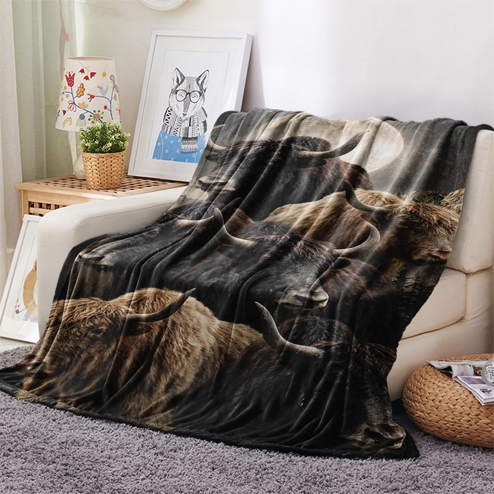 1PC Moonlit Highland Yaks Print FlAannel Blanket, High quality Comfortable for All Seasons, Home Decor, Warmth and Comfort