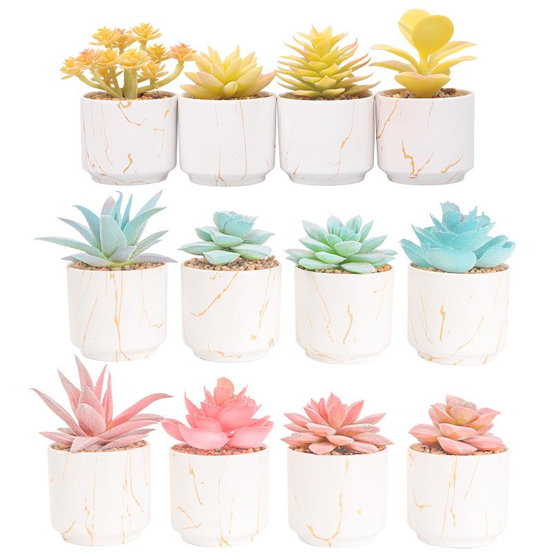 Gold Pattern White Background Ceramic Cup, Simulated Succulent Plant Potted Plant, Mini Potted Plant Office Home Supermarket Decorative Ornament
