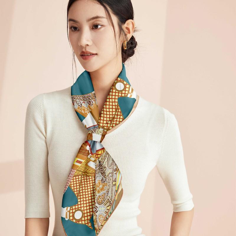 100% Mulberry Silk Square Scarf Double-sided Print Light Luxury Shawl Women Mom Fashion Accessory