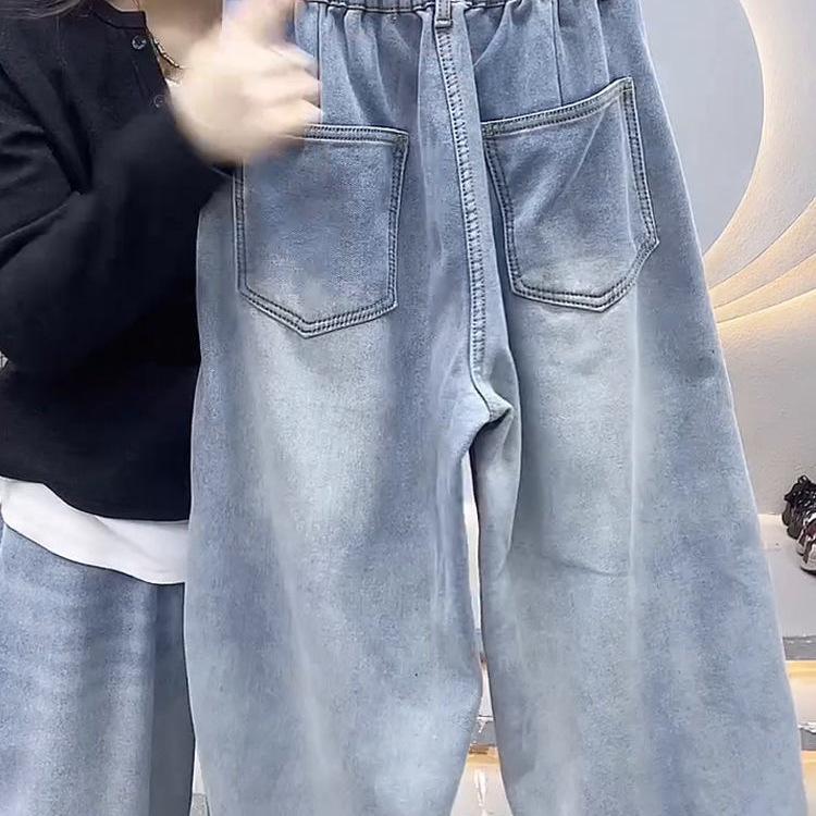 Women's Plus Size Fleece-Lined Elastic Waist Dad Jeans - Autumn/Winter Pear Shape Slimming Loose Harem Pants