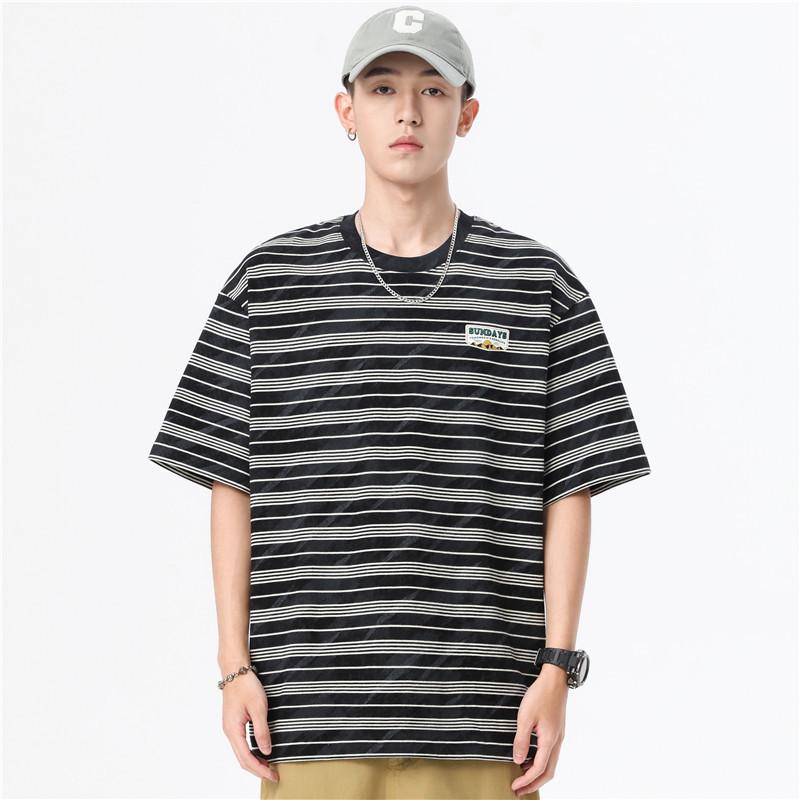 Men's Loose Fit Striped Cotton Crew Neck T-Shirt with Embroidery