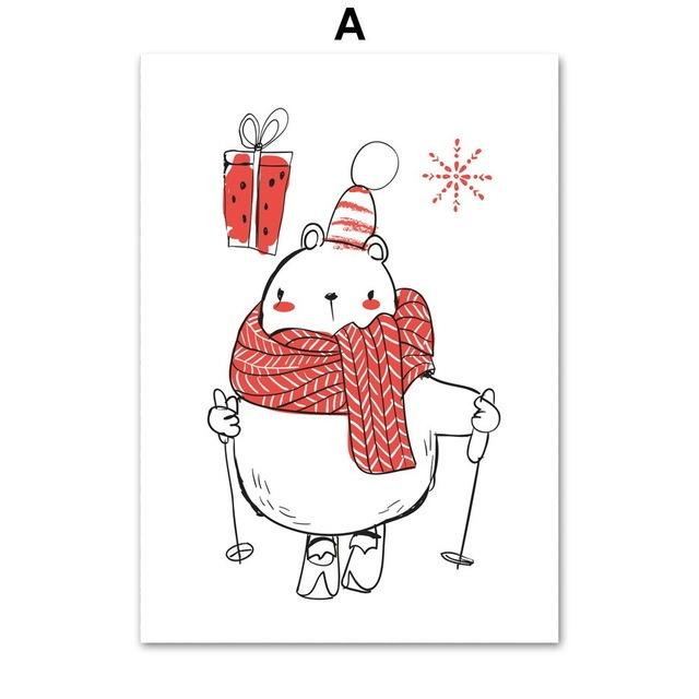 Cartoon Elk Snowman Picture Minimalist Sketch Canvas Poster Merry Christmas Decor Painting Happy New Year Kids Room Decor No Frame