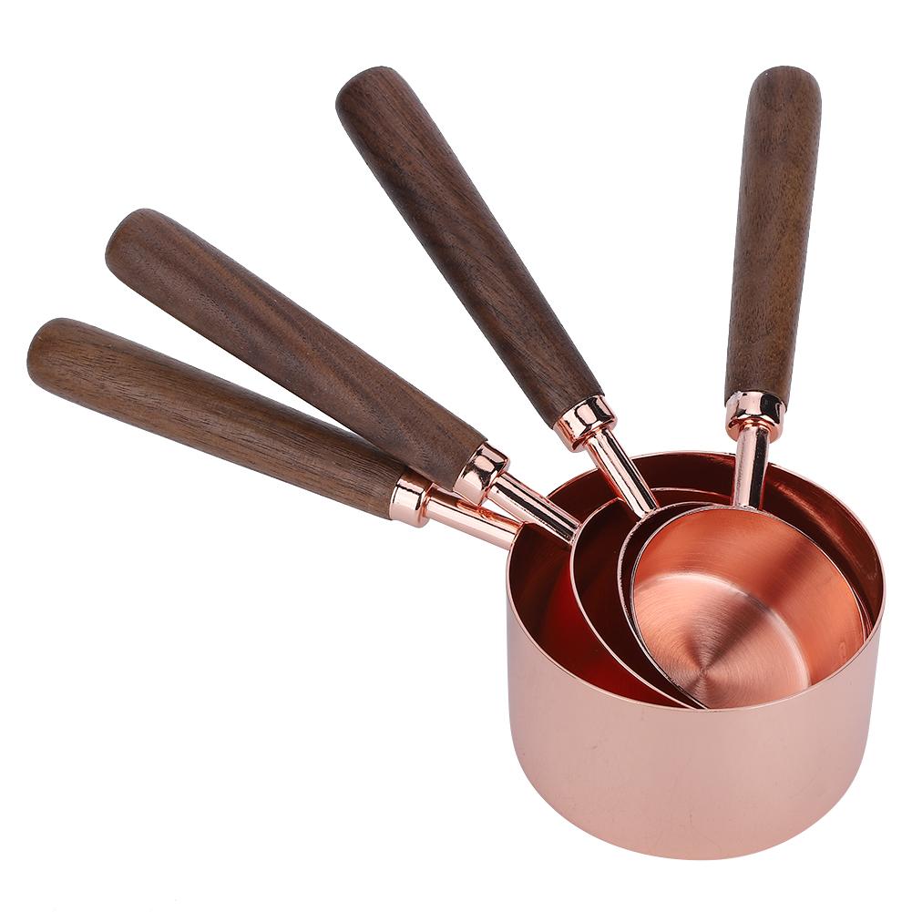 4PCS Set Rose Gold Measuring Cup Spoon with Scale Thickened Wooden Handle Home Baking Tool
