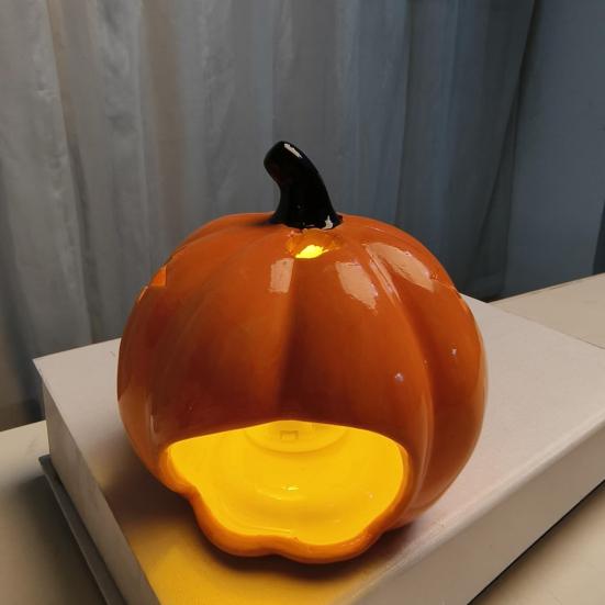 Halloween Ceramic Cat Pumpkin Figurine Carved Cat Pumpkin Tabletop Tealight Candle Holder for Indoor Home Party Decor