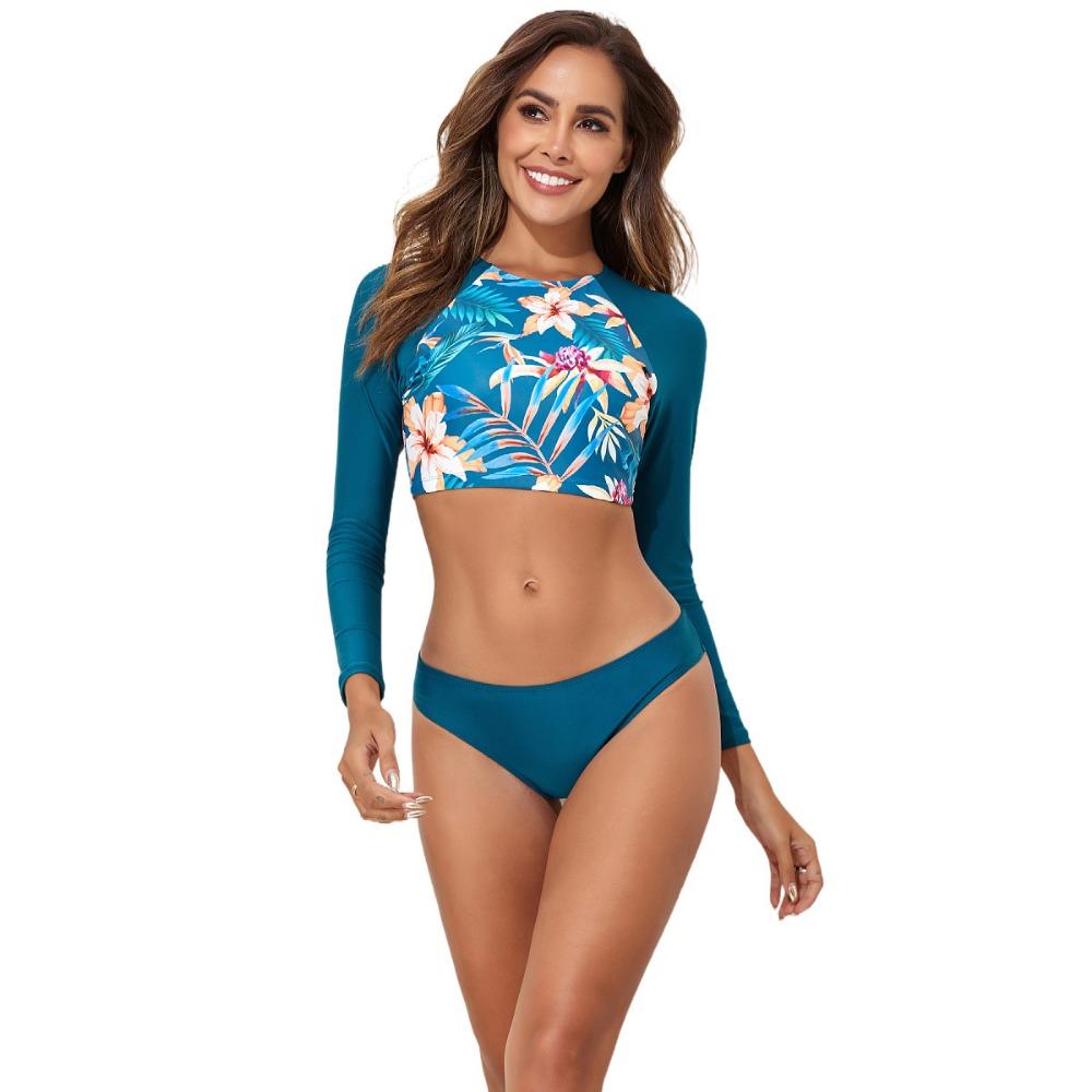 

Европейский и американский раздельный купальник с длинным рукавом сексуальный женский бикини больших размеров для отпуска S павлин голубой