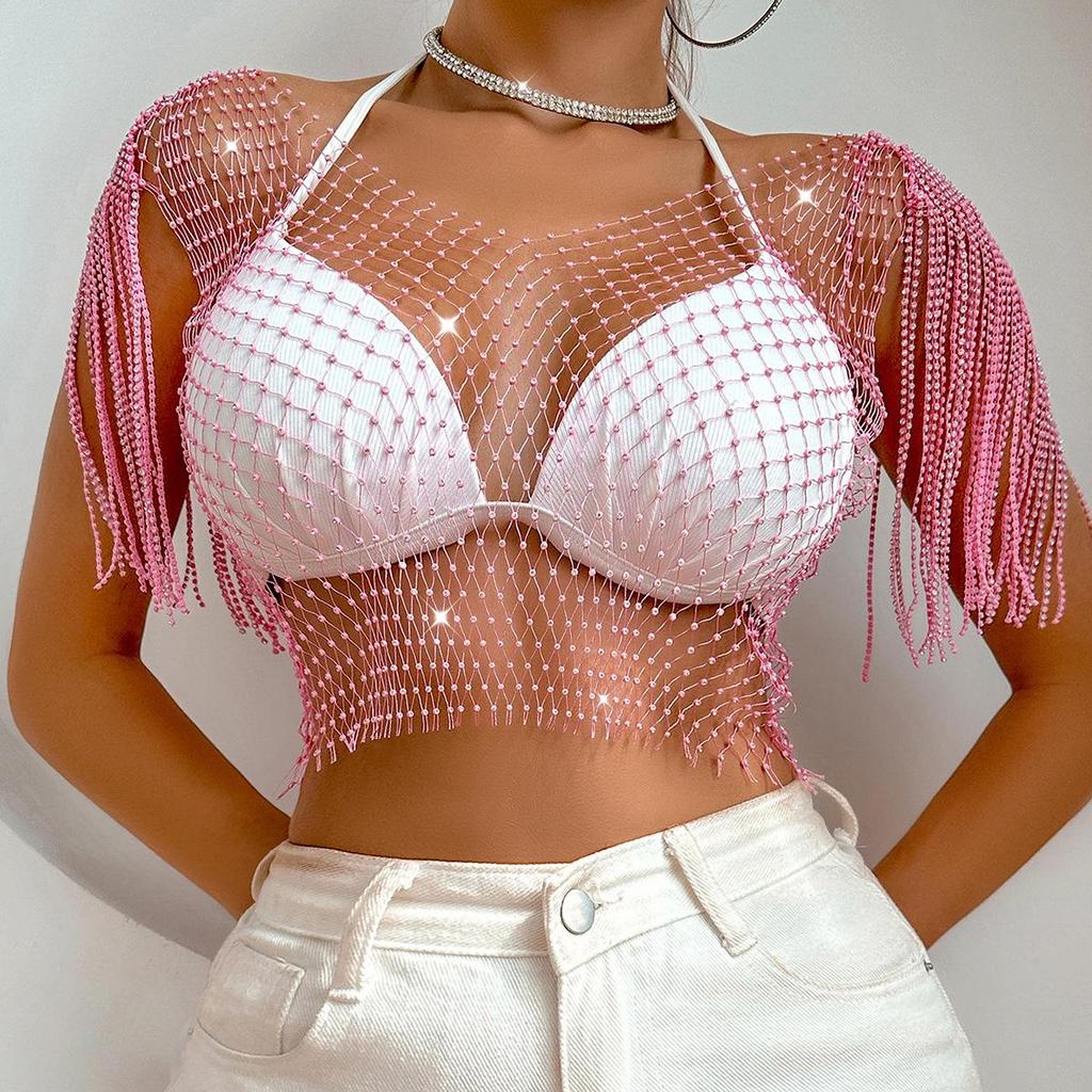 Rhinestone Shiny Fishnet Top - Sexy European & American Style, Short Sleeve Women's Vest H21092