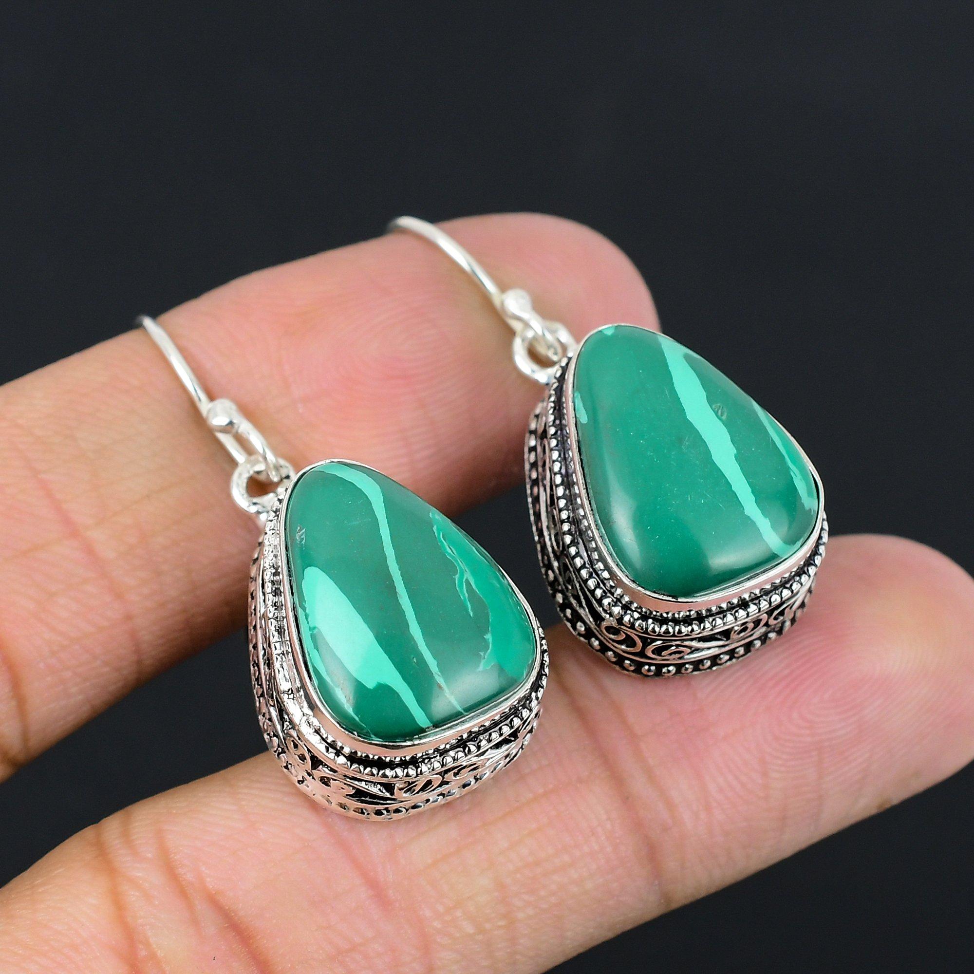 

Memorial Day Sale Natural Malachite Vintage Dangle Earrings Jewelry 925 Silver