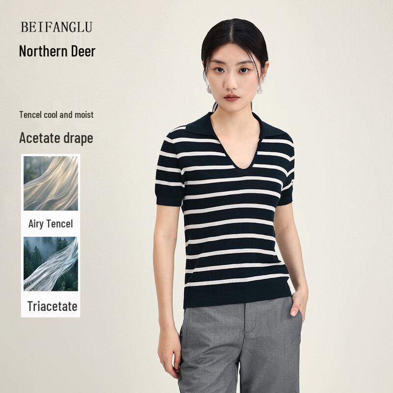 Lyocell Blend Striped Polo Knit Tee M темно-синий в полоску