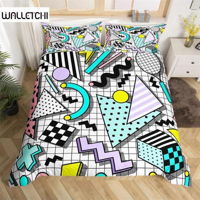 Retro 80s Style Bed Ensemble Single Size King Dimension Size Abstract Geometric Pattern Style Quilt Cover Collection Fine Microfiber Circle and