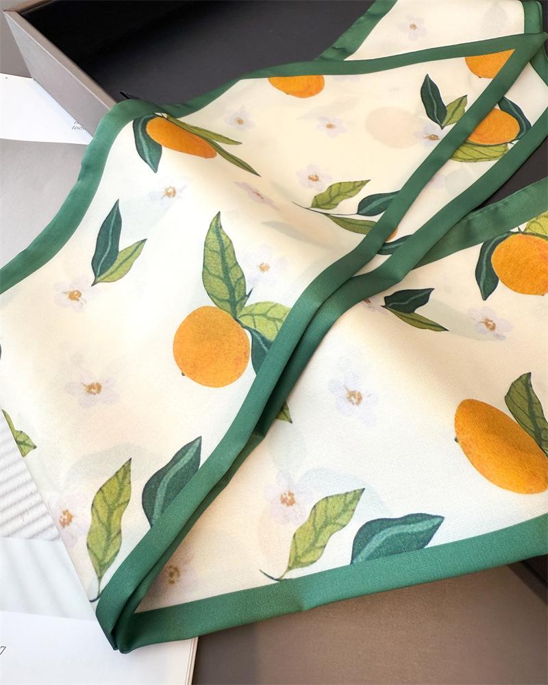 2025 New Korean Fruit Pattern Narrow Long Satin Scarf For Women With Hair Tie Scarf Professional Scarf Ribbon Tied Bag