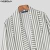 INCERUN Men Lapel Deep V Neck Long Sleeve Striped Print Casual Lace-up Shirts Tops