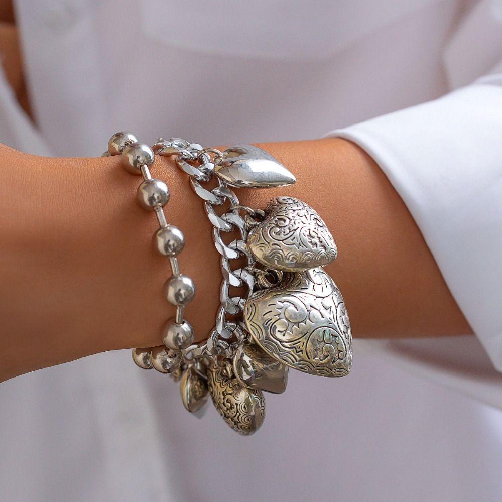 Gold Silver Metal Heart Bracelet Elegant Vintage Jewelry Temperament Heart Pendant Necklace  Daily