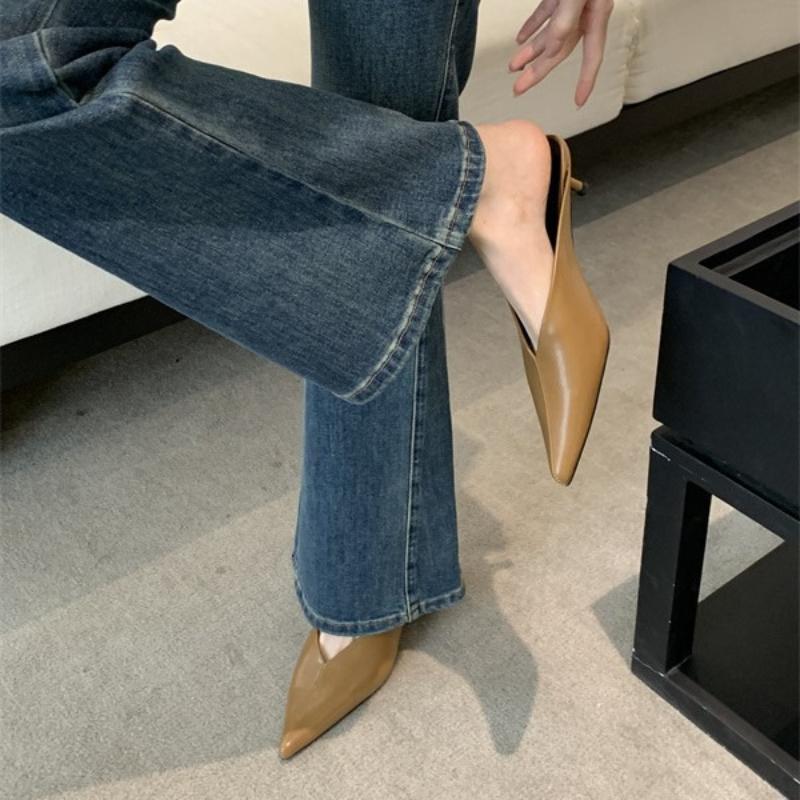 Fashion Women Pointed Toe Mule Slides Mid Heel Slippers Fashionable Open Toe Sandals