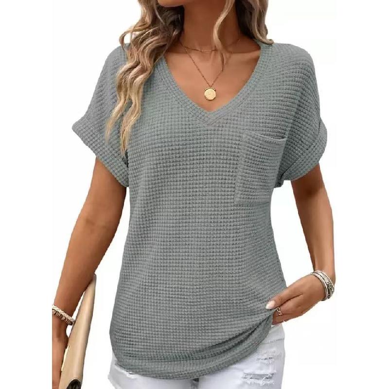 2026 Women's V-neck Summer Waffle Pocket Short Sleeve T-shirt