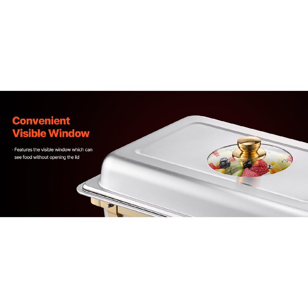 VEVOR Chafing Dish Buffet Set 8 Qt Stainless Steel Chafer with  Full Size Pans Rectangle Catering Warmer Server with Glass Lid