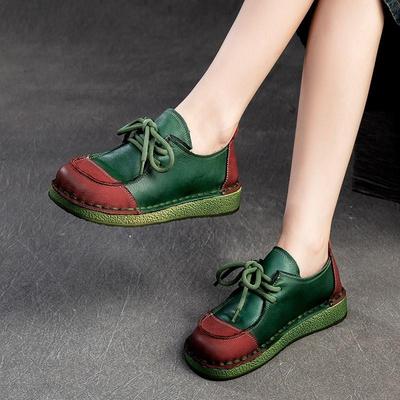 Sapatos de couro legítimo retrô com cadarço, versáteis, cores mistas, sola macia, confortáveis, sapatos femininos