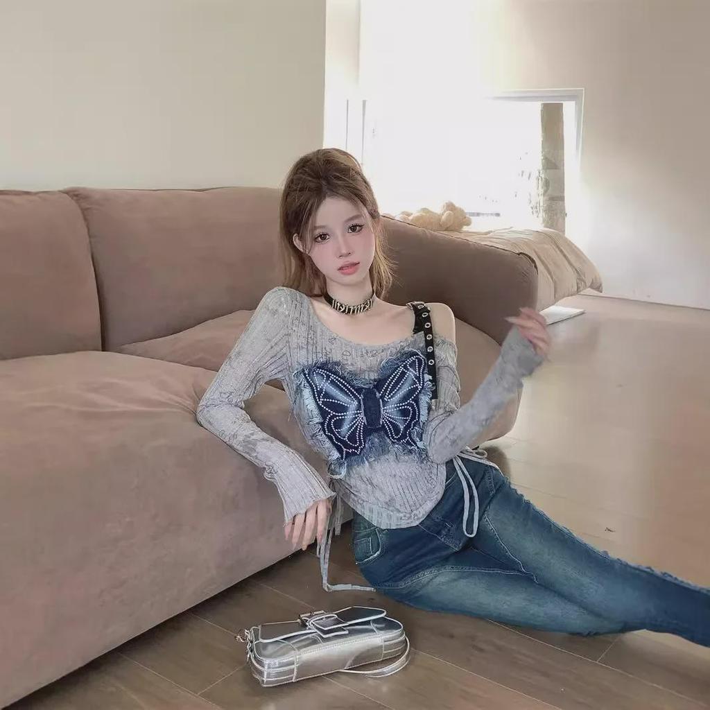 American Retro Y2K Off-Shoulder Butterfly Denim Top for Women