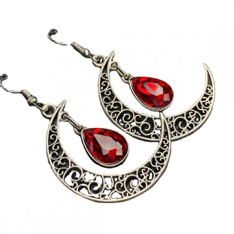 Gothic Alloy, Blood Moon Earrings, Blood, Handmade, Crescent Moon, Blood Drop, Poison, Rhinestone Earrings, Moon