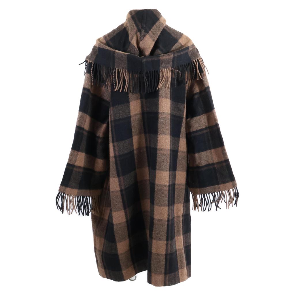 BALENCIAGA [Good condition/Domestic regular/21AW] 661436 Check Fringed Wool Twill Coat Gingham check twill coat ONE BrownUsed