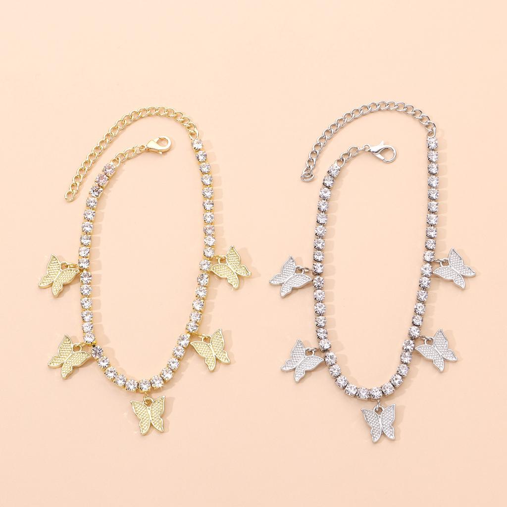 Explosive 4mm Shiny Rhinestone Anklet for Women, Fashionable Metal Butterfly Beach Feet