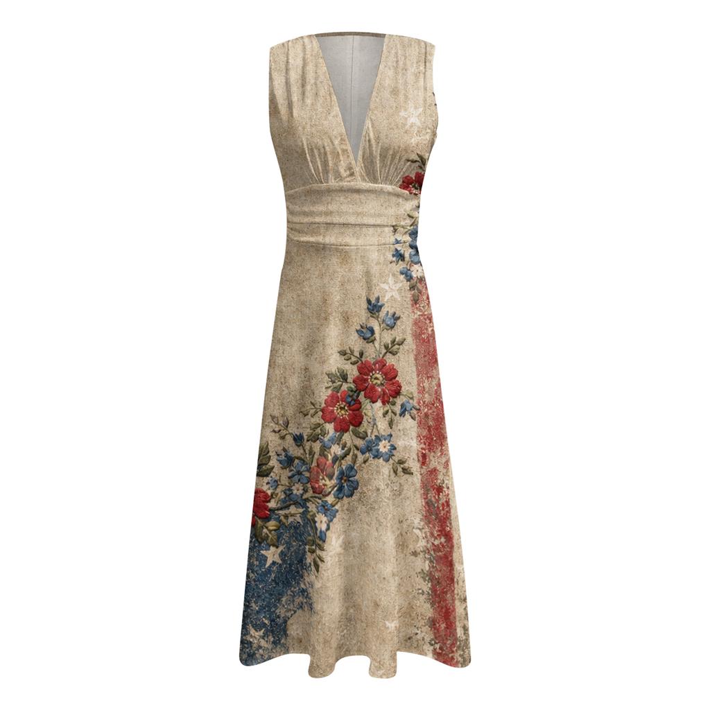 Womens Sleeveless V Neck Wrap Maxi Dress Patriotic Flag Print Floral Swing Summer Sundress Casual High Waist