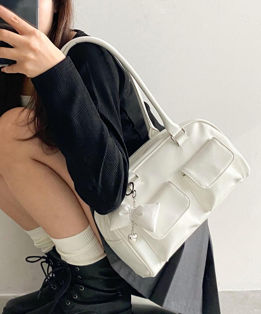 WEGO Boston Bag with School Deco Shoulder Korean School School Size White Charm, Bag, Bag, Bag, Style, Casual, Girly, Bag, Gift, Present, Bag,