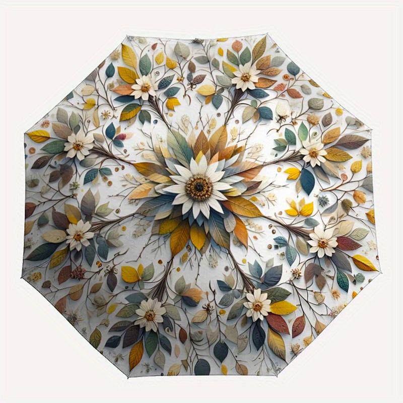 

1pc Floral Mandala Design Automatic Folding Umbrella - 8-Rib Iron Frame, Windproof, Portable Sunshade with Plastic Handle for Travel & Outdo