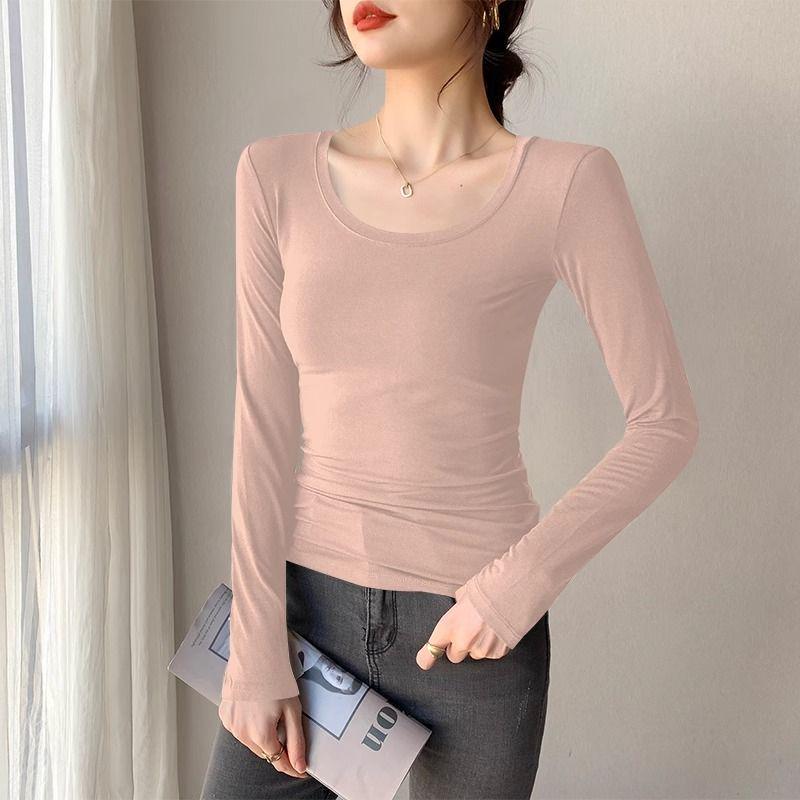 Women's Black Modal Crew Neck Long Sleeve Base Layer Top - Slim Fit, Low Neck Design for 2025 Autumn/Winter