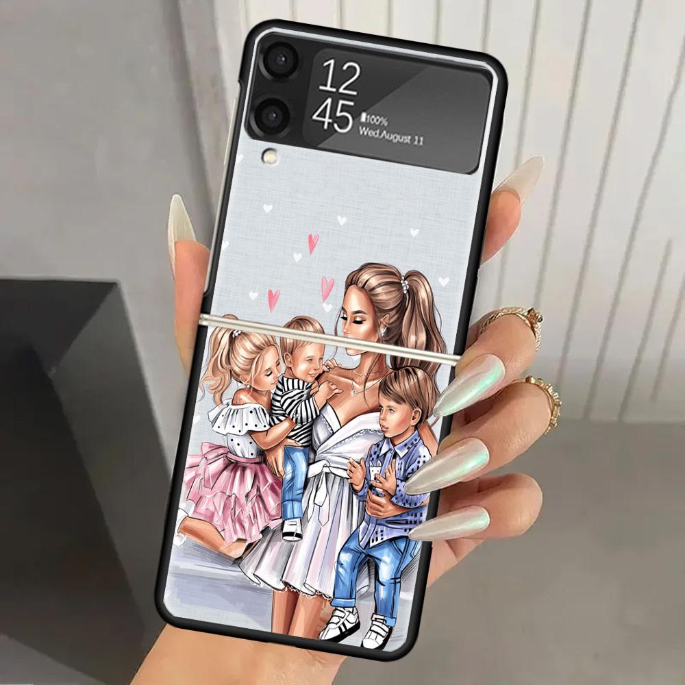 Mom Baby Girls Hard PC Phone Case For Samsung Galaxy Z Flip 6 5 4 3 Black Cover ZFlip6 Flip5 Flip4 5G Foldable Print Cases