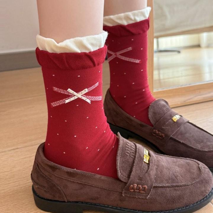 Damen Mittelwaden Rote Socken mit Schleife & Polka Dots - Jahr des Pferdes Neujahr Gestreifte Slouch-Socken