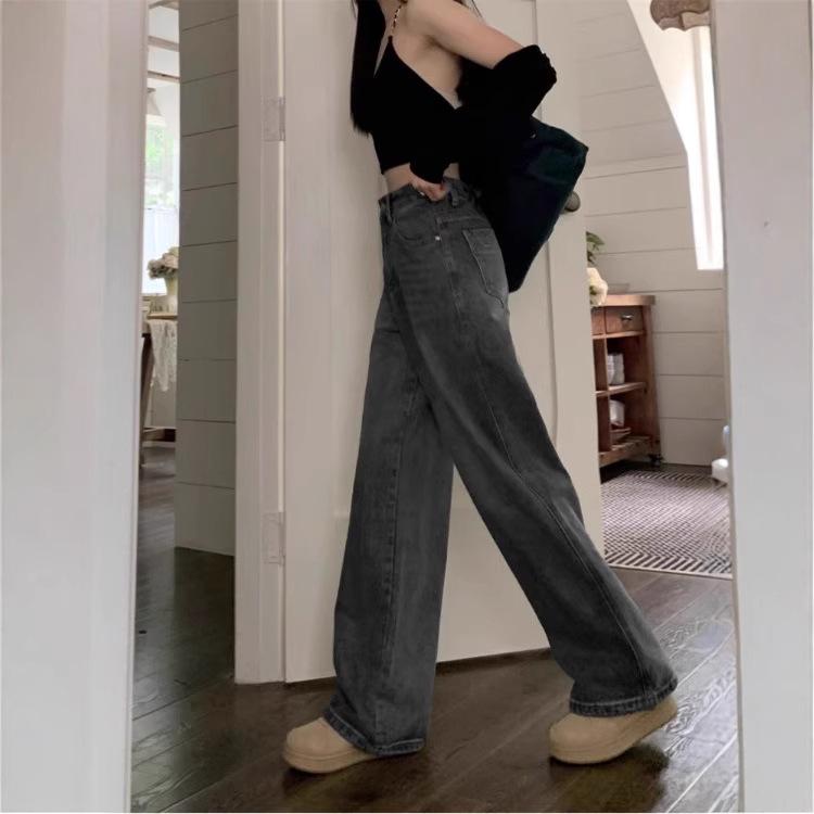 2025 Spring Women’s High Waist Retro Black/Grey Straight Leg Jeans