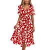 Women Casual V Neck Short Sleeve Floral Print Dress Midi Length Wrap Style Summer Dress for Daily Wear