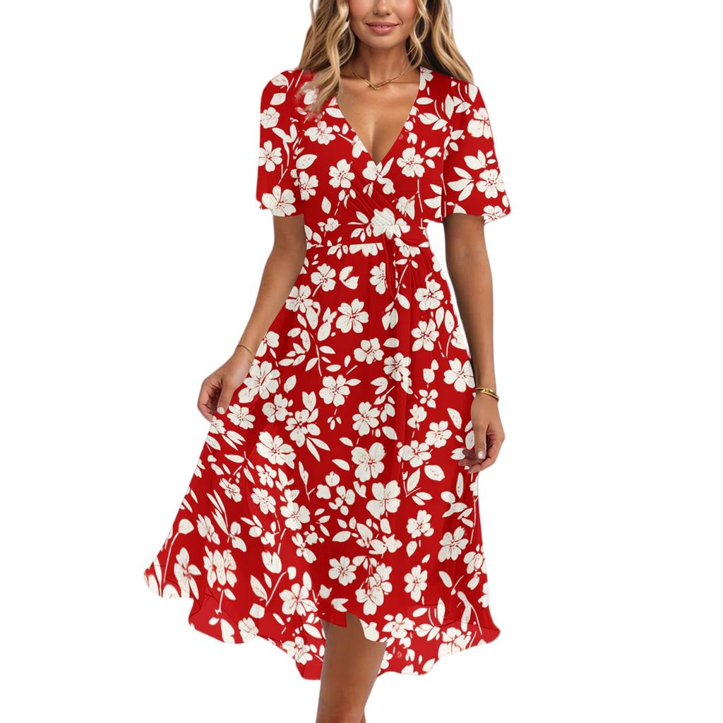 Women Casual V Neck Short Sleeve Floral Print Dress Midi Length Wrap Style Summer Dress for Daily Wear